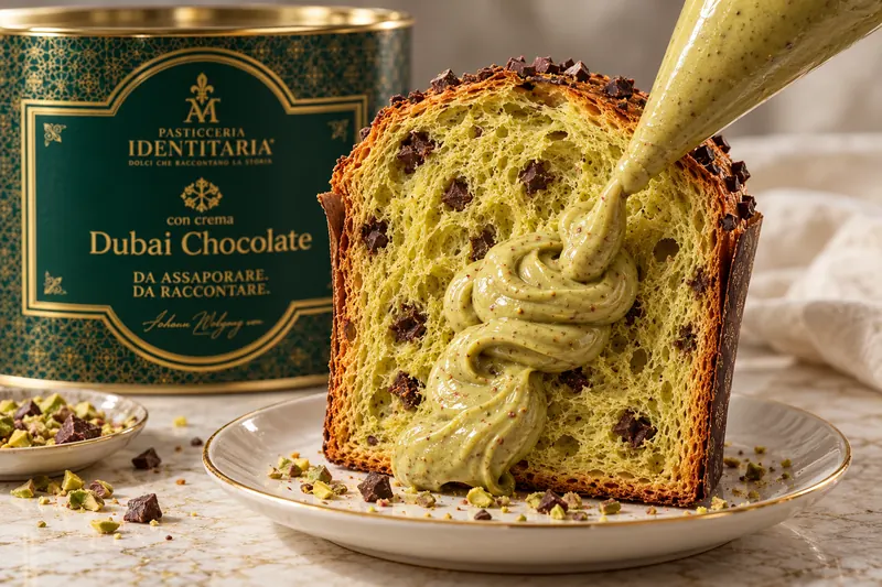 La crema al pistacchio della sac à poche scende su una fetta di panettone con crema Dubai Chocolate, accanto alla sua latta verde