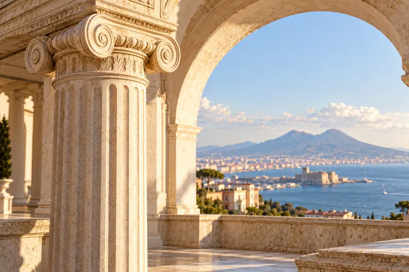 Le colonne e l’arco di una loggia di palazzo affacciata sul golfo di Napoli, col Vesuvio sullo sfondo