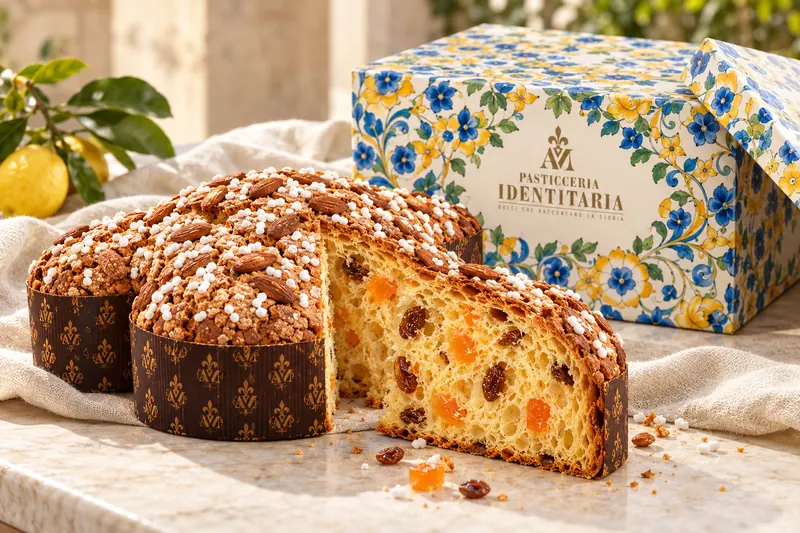 La Colomba Classica agli agrumi tagliata, davanti alla sua box con le maioliche di Santa Chiara