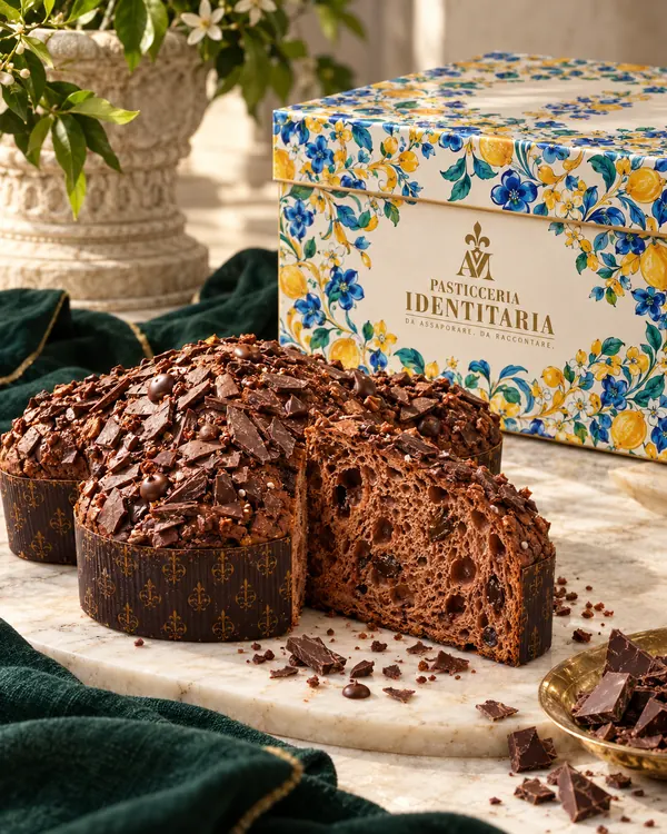 La Colomba Totalmente fondente tagliata, davanti alla box con le maioliche di Santa Chiara