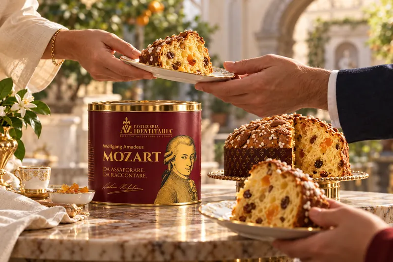 Una fetta di panettone Mozart offerta in assaggio su un piattino, accanto alla latta bordeaux, in un cortile di palazzo