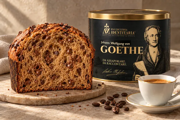 Il panettone Goethe tagliato, accanto alla sua latta nera e a una tazzina di caffè