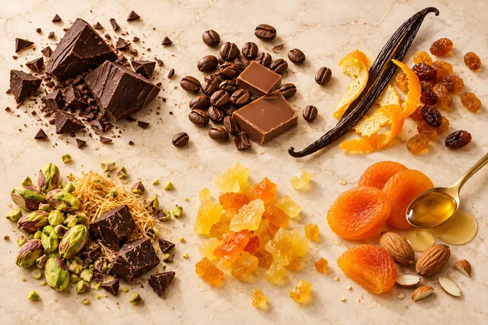 Gli ingredienti della collezione su un piano di marmo: cioccolato, caffè, vaniglia, pistacchio, agrumi canditi, albicocche e mandorle