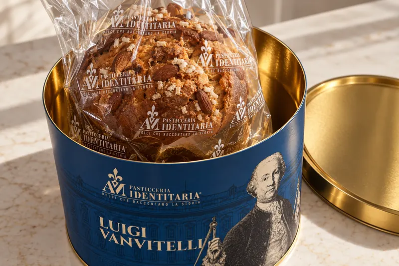 Il panettone Vanvitelli nel suo sacchetto col logo, dentro la latta blu aperta, col coperchio d’oro accanto