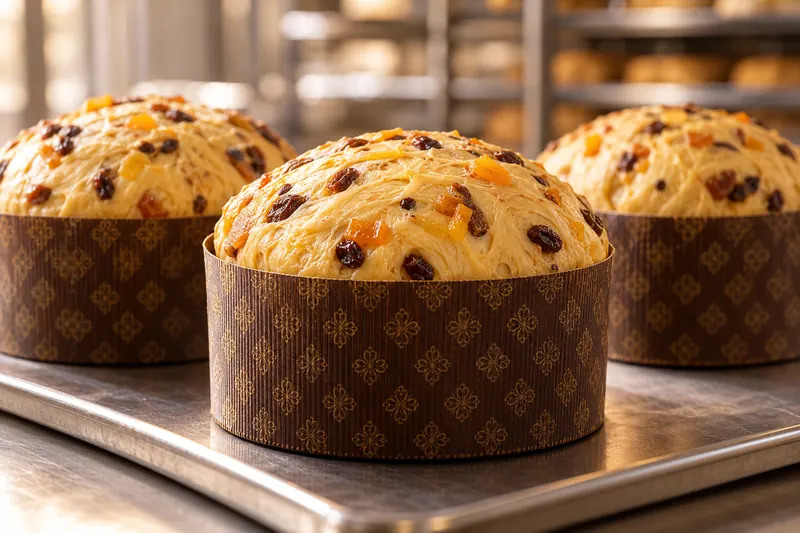 Panettoni nei pirottini col giglio che lievitano lentamente su una teglia del laboratorio