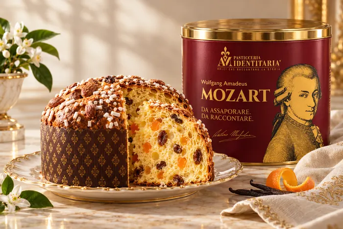 Il panettone Mozart tagliato, accanto alla sua latta bordeaux, con la vaniglia e la scorza d’arancia