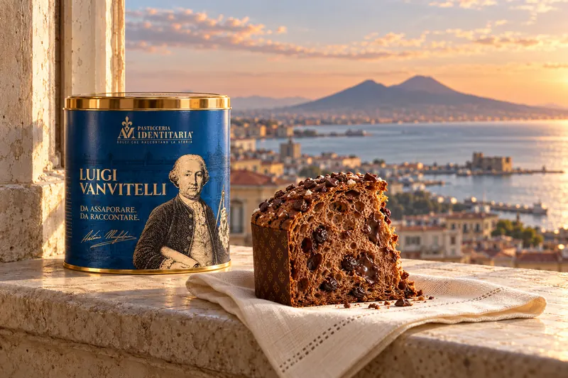 La latta Vanvitelli e una fetta di panettone su un davanzale di marmo, col golfo di Napoli e il Vesuvio al tramonto