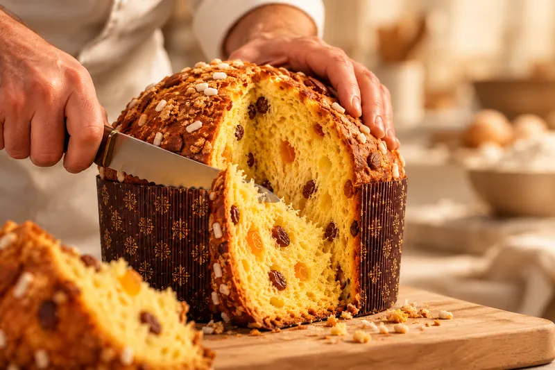 Il primo taglio di un panettone appena aperto, sul tagliere del laboratorio