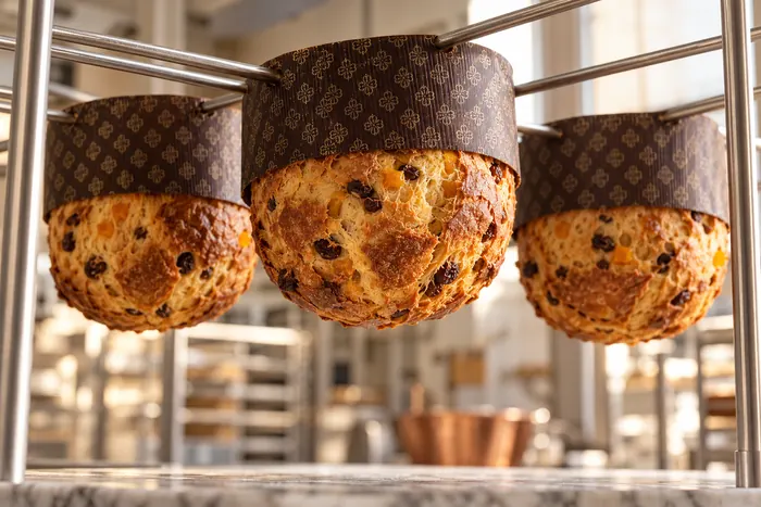 Panettoni appena sfornati, appesi capovolti a raffreddare nel laboratorio
