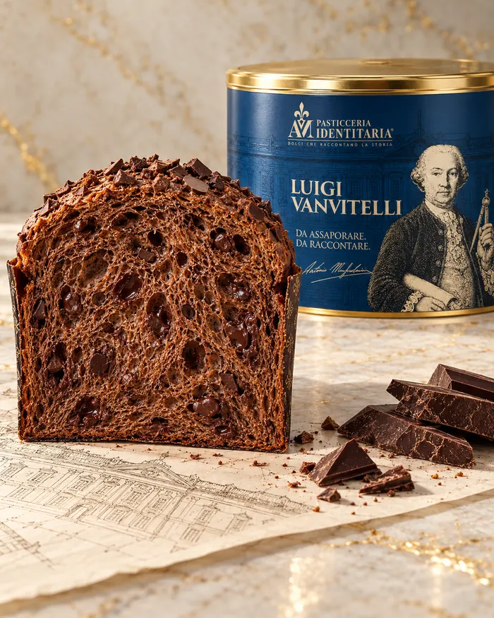 Il panettone Vanvitelli tagliato, davanti alla sua latta blu, con scaglie di cioccolato fondente