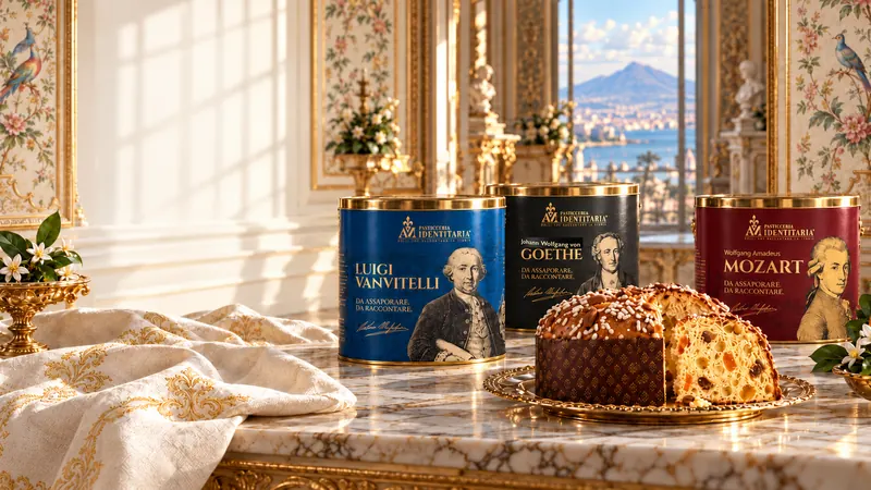 Le latte Vanvitelli, Goethe e Mozart su un tavolo di marmo in un salone di palazzo, con un panettone tagliato e il Vesuvio dalla finestra