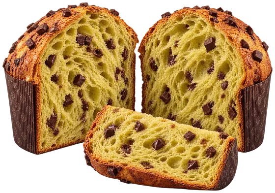 L’interno del panettone con crema Dubai Chocolate: impasto al pistacchio e pepite di cioccolato fondente