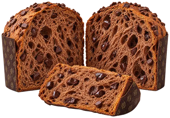 L’interno del panettone Vanvitelli, scuro di cacao, con le gocce di cioccolato fondente