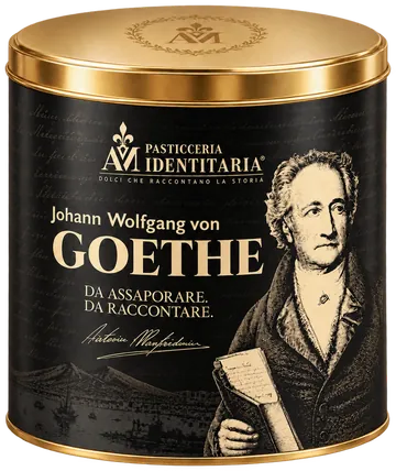 La latta nera del panettone Goethe, col ritratto di Johann Wolfgang von Goethe