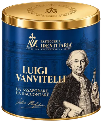 La latta blu del panettone Vanvitelli, col ritratto di Luigi Vanvitelli