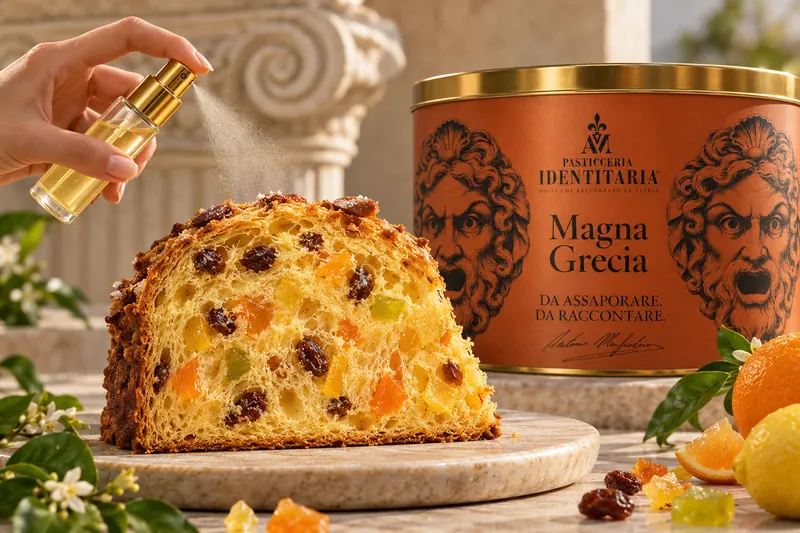 Una mano vaporizza il liquore al bergamotto su una fetta di panettone Magna Grecia, davanti alla latta color terracotta