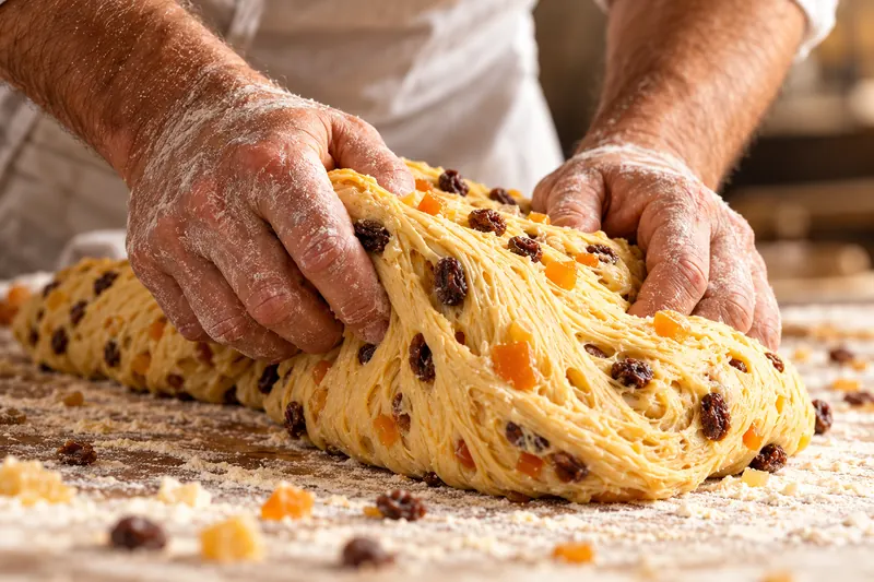Mani infarinate lavorano l’impasto del panettone con l’uvetta e l’arancia candita